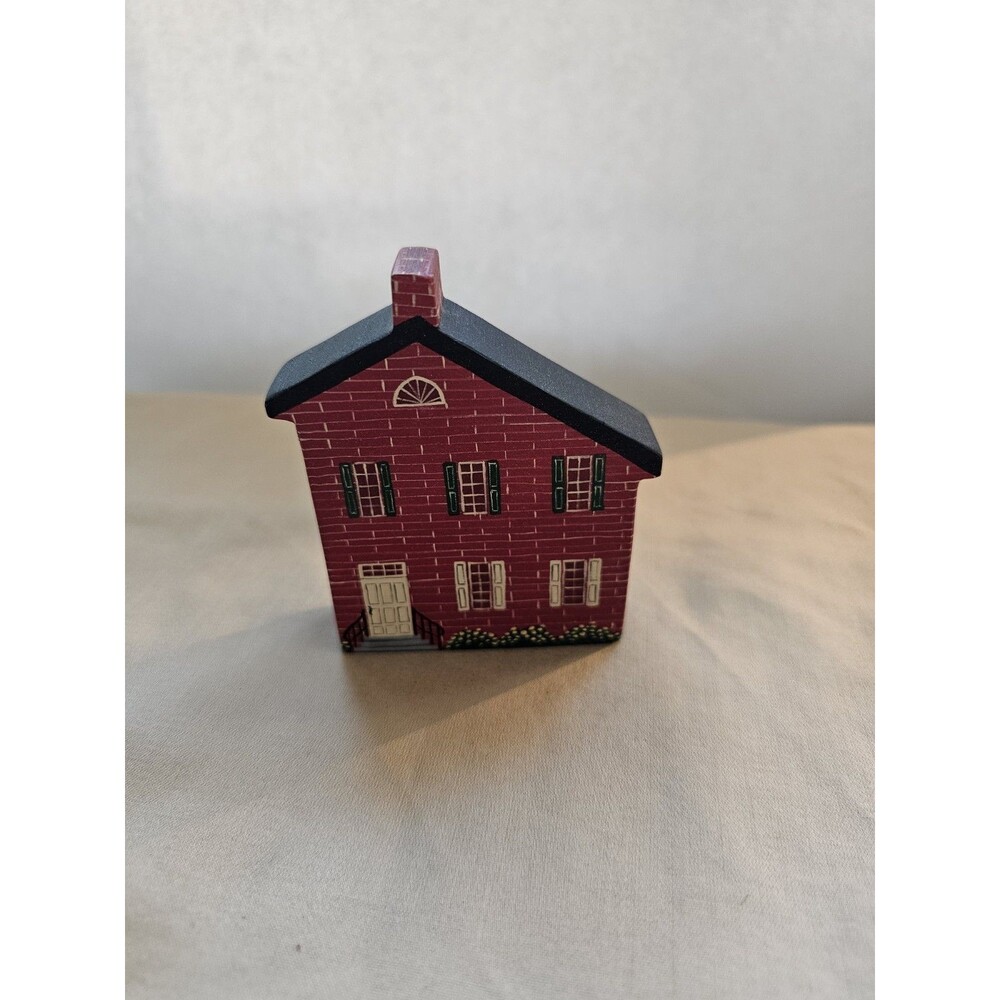 Red Brick Wooden House Folk Art Shelf Decor Signed K.C. 1995
